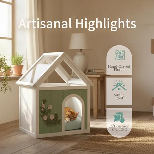 Solid Wood Indoor Pet House with Cushion Bed