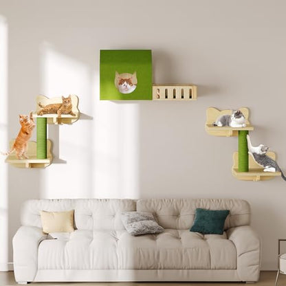 Wooden Cat Wall Shelves & Mounted Perches Set