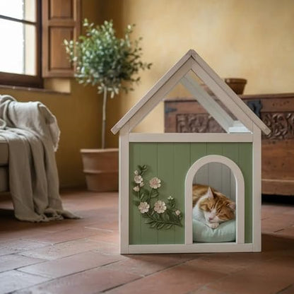 Solid Wood Indoor Pet House with Cushion Bed