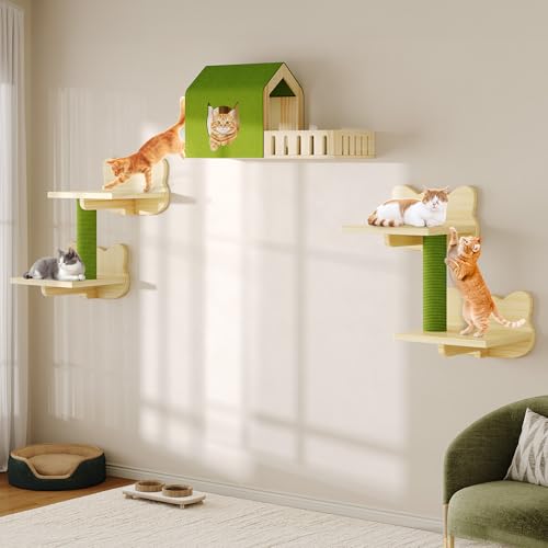 Wooden Cat Wall Shelves & Mounted Perches Set