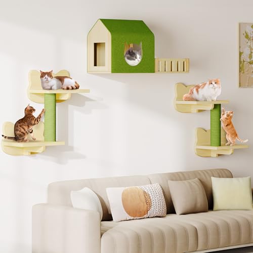 Wooden Cat Wall Shelves & Mounted Perches Set