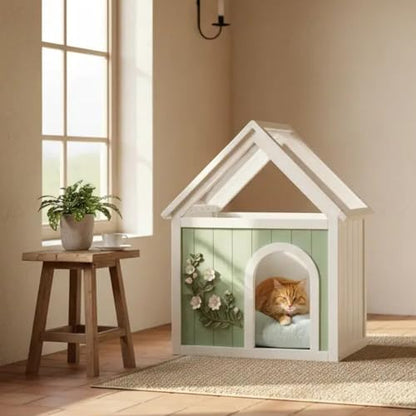 Solid Wood Indoor Pet House with Cushion Bed