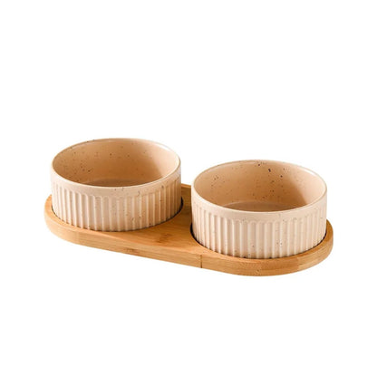 Ceramic Pet Bowl Set with Wooden Stand