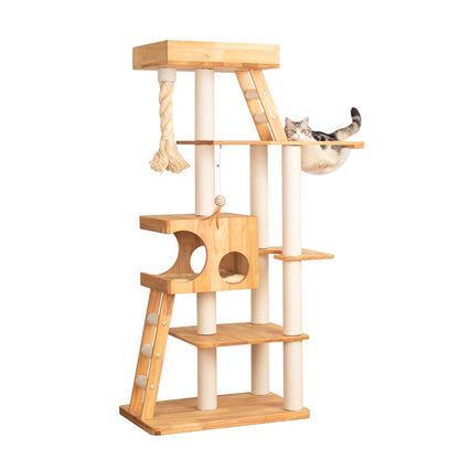 Multi-Level Wooden Cat Tower with Scratching Posts