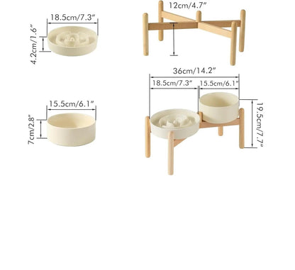 Elevated Slow Feeder Pet Bowl with Wooden Stand