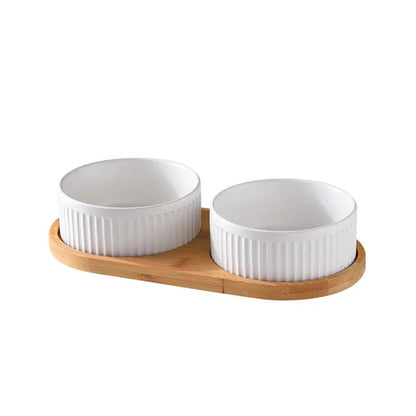 Ceramic Pet Bowl Set with Wooden Stand