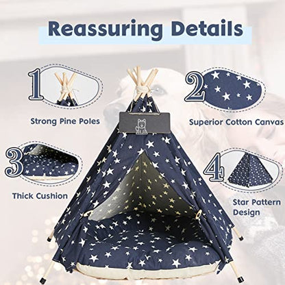 Pet Teepee Tent Bed with Cushion for Dogs & Cats