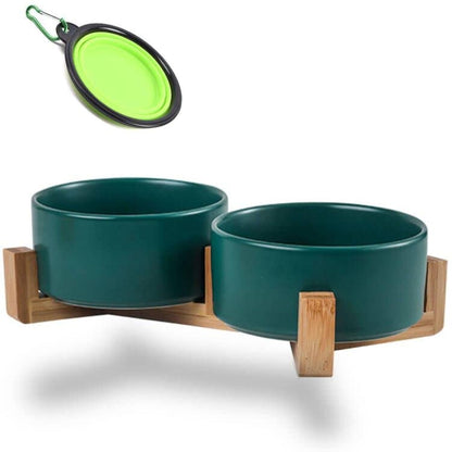 Ceramic Pet Bowl Set with Wooden Stand