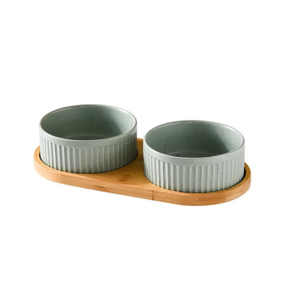 Ceramic Pet Bowl Set with Wooden Stand