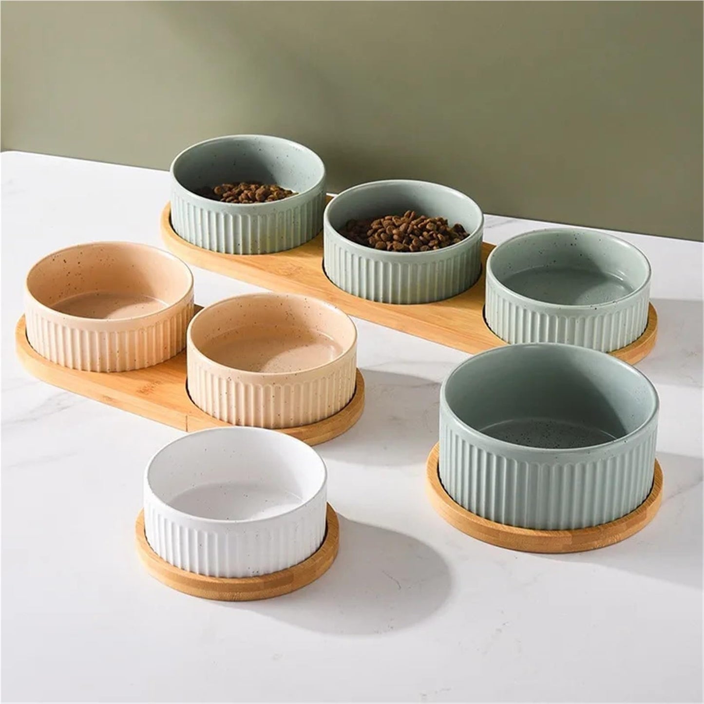 Ceramic Pet Bowl Set with Wooden Stand