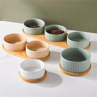Ceramic Pet Bowl Set with Wooden Stand