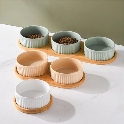 Ceramic Pet Bowl Set with Wooden Stand
