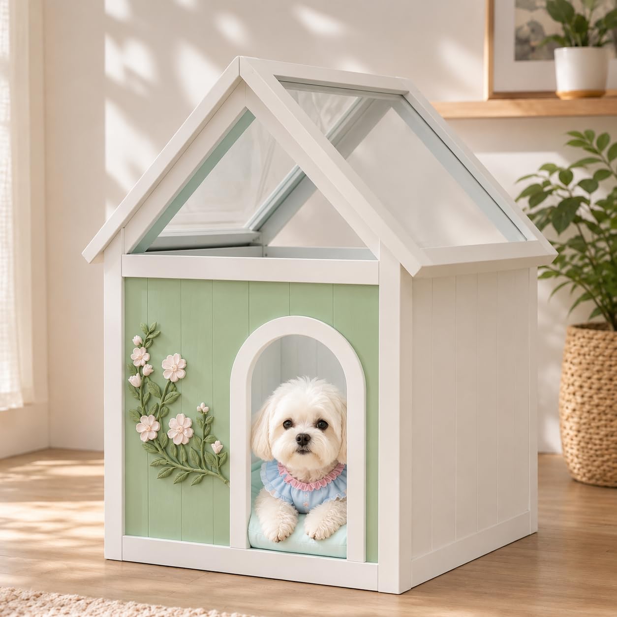 Solid Wood Indoor Pet House with Cushion Bed