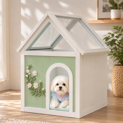 Solid Wood Indoor Pet House with Cushion Bed