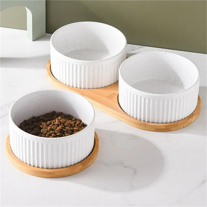 Ceramic Pet Bowl Set with Wooden Stand