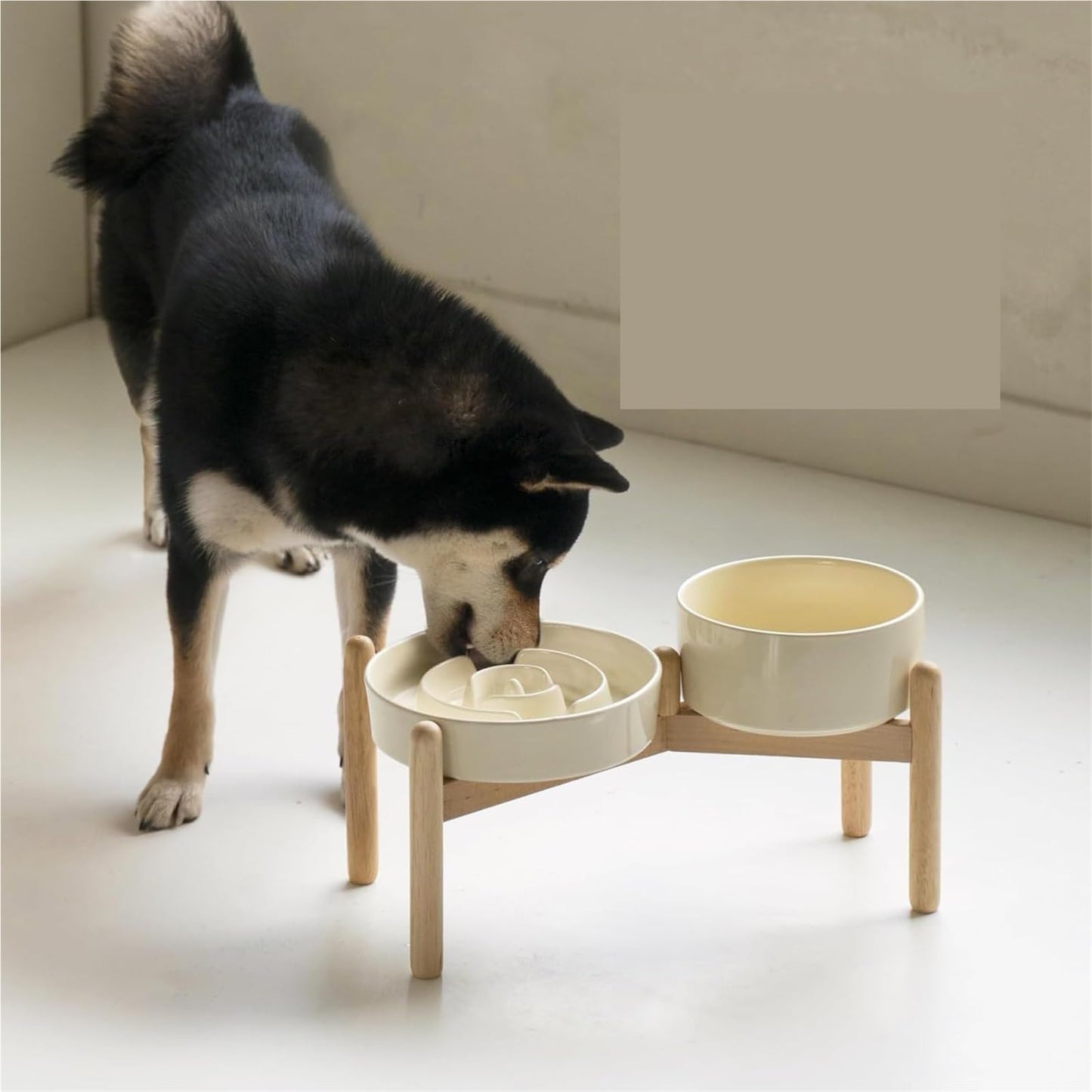 Elevated Slow Feeder Pet Bowl with Wooden Stand