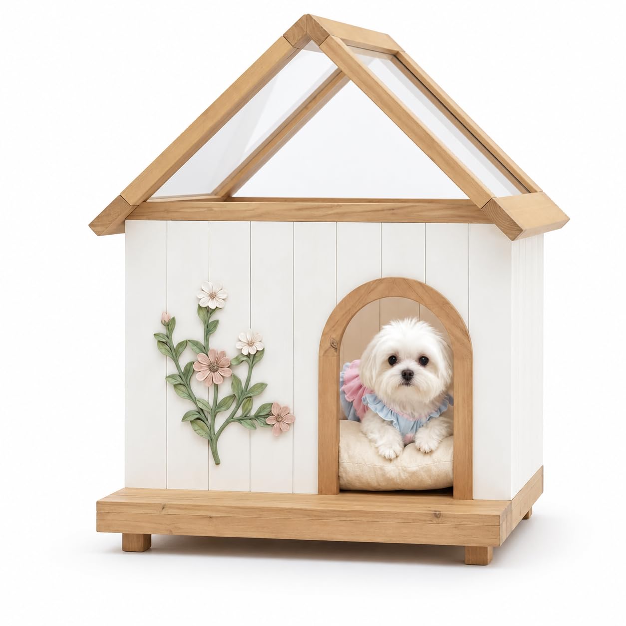 Solid Wood Indoor Pet House with Cushion Bed