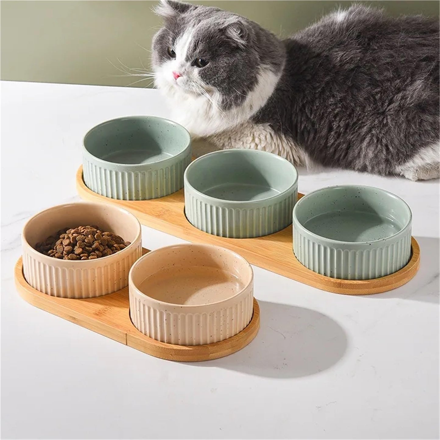 Ceramic Pet Bowl Set with Wooden Stand