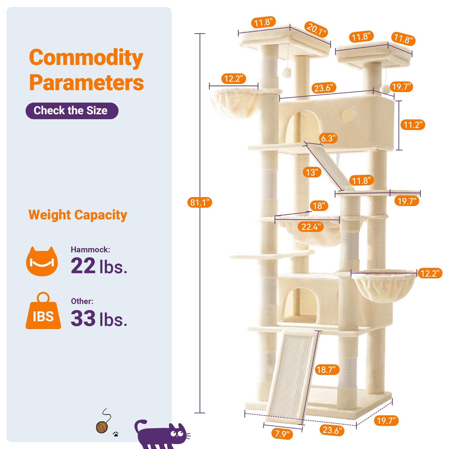 81-Inch Multi-Level Cat Tree with Condo & Hammock