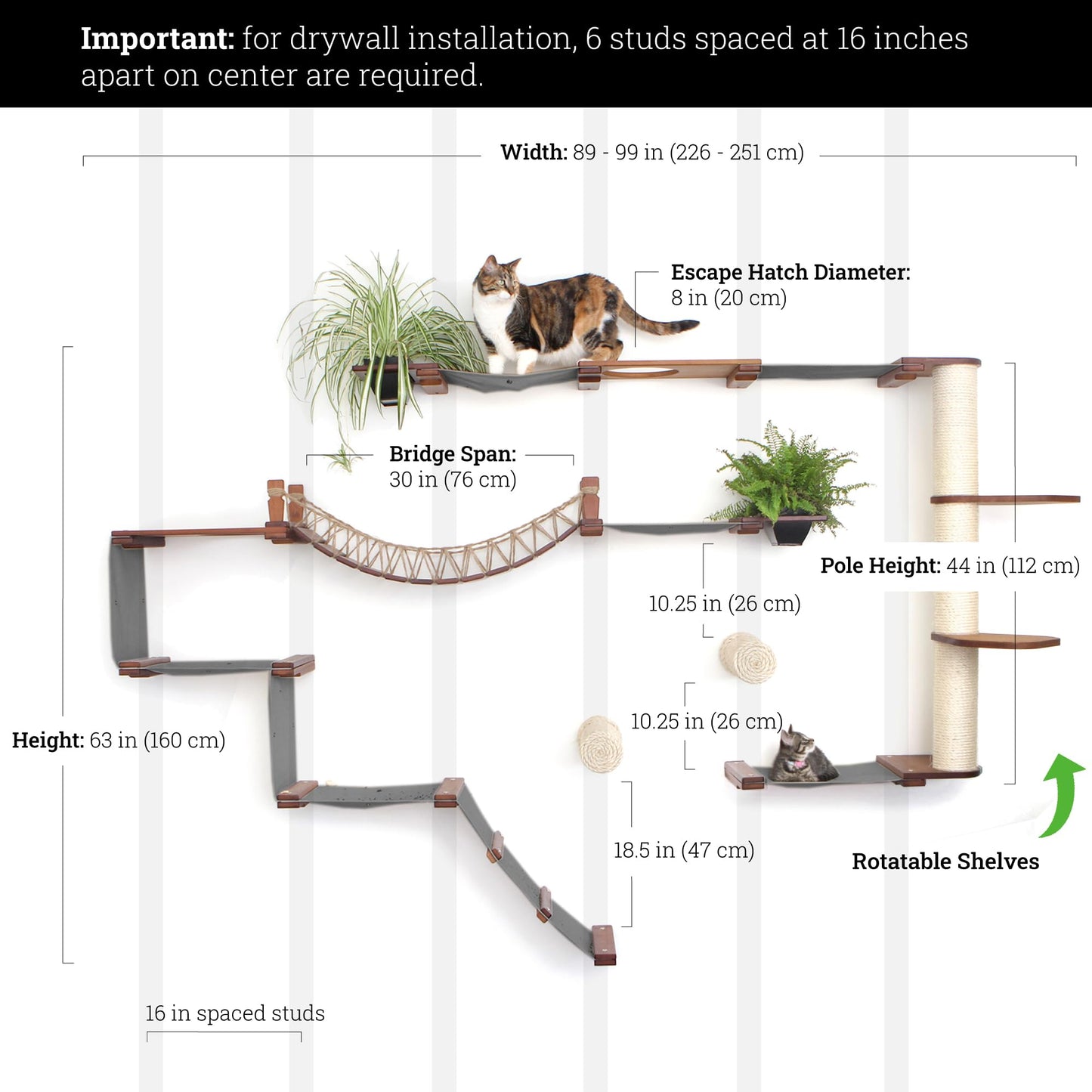 Modern Cat Condo Wall Set with Hammocks & Bridge
