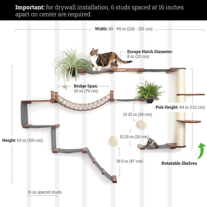 Modern Cat Condo Wall Set with Hammocks & Bridge