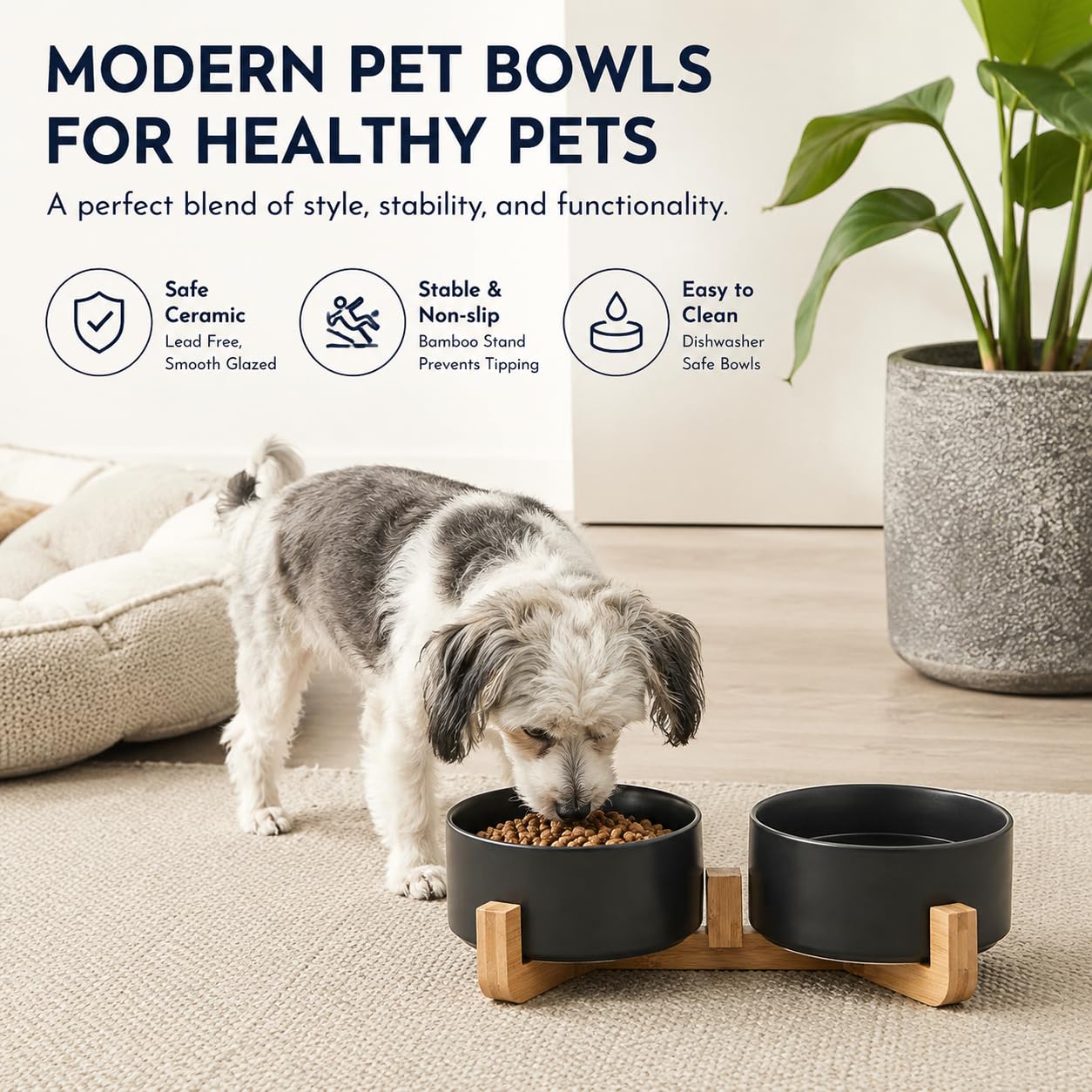 Ceramic Pet Bowl Set with Wooden Stand