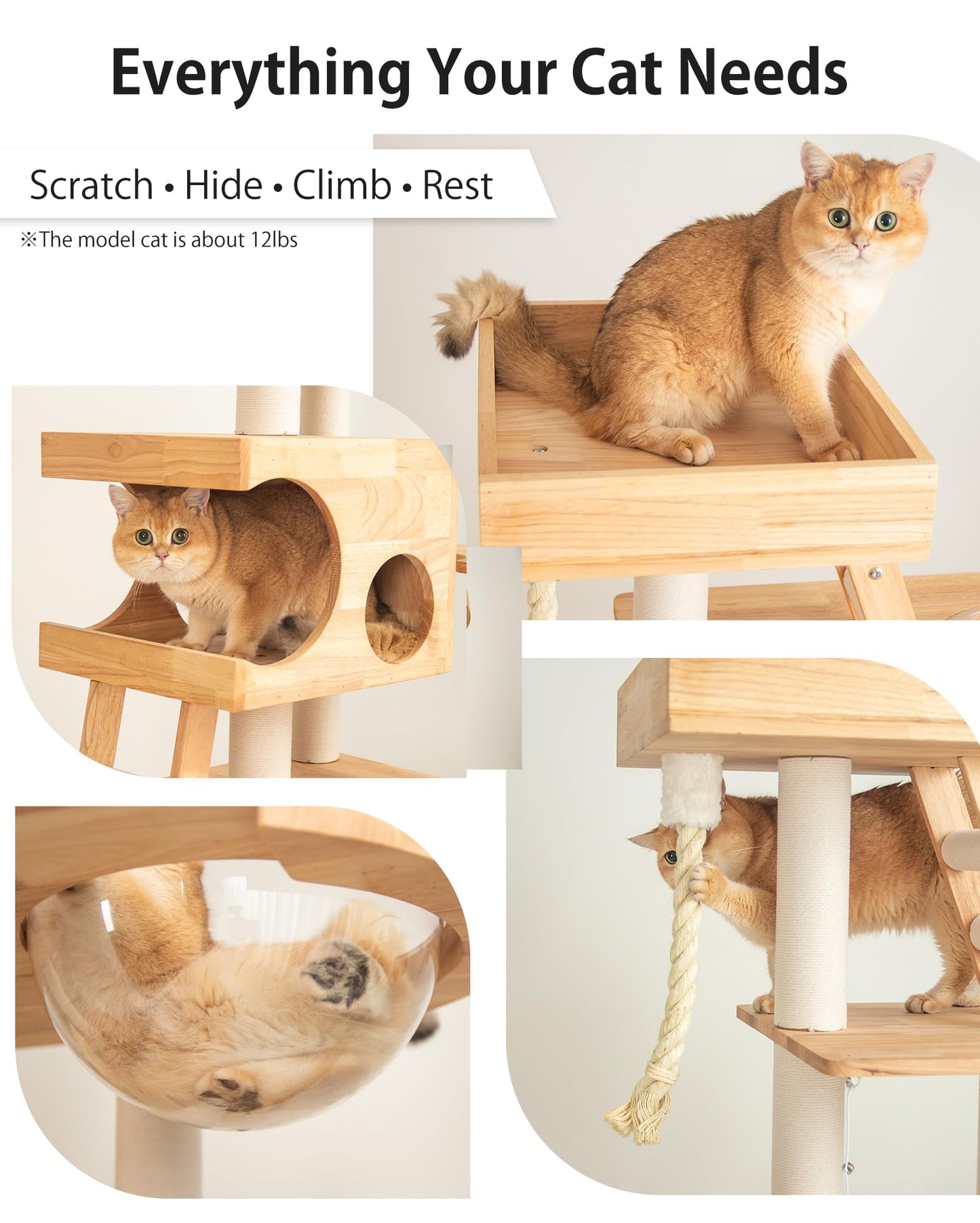 Multi-Level Wooden Cat Tower with Scratching Posts