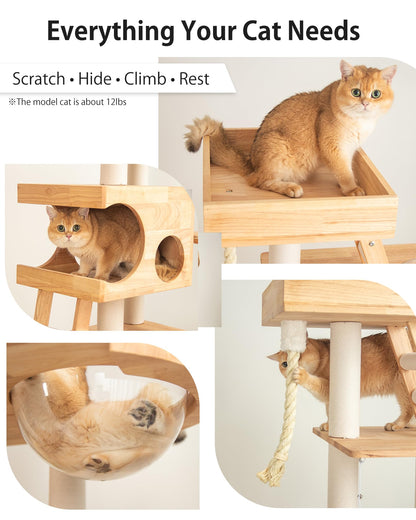 Multi-Level Wooden Cat Tower with Scratching Posts
