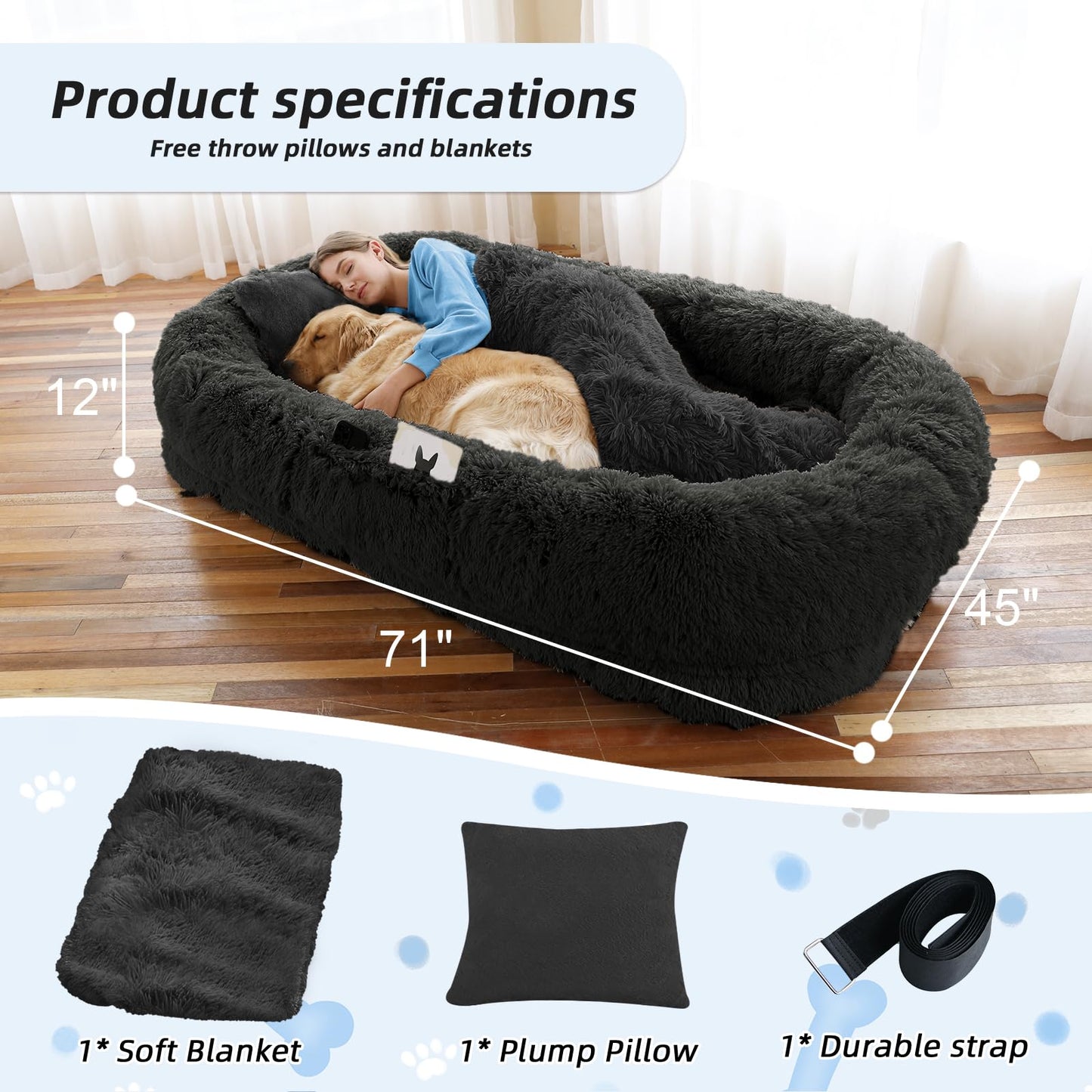 Human-Sized Faux Fur Pet Bed with Pillow Set