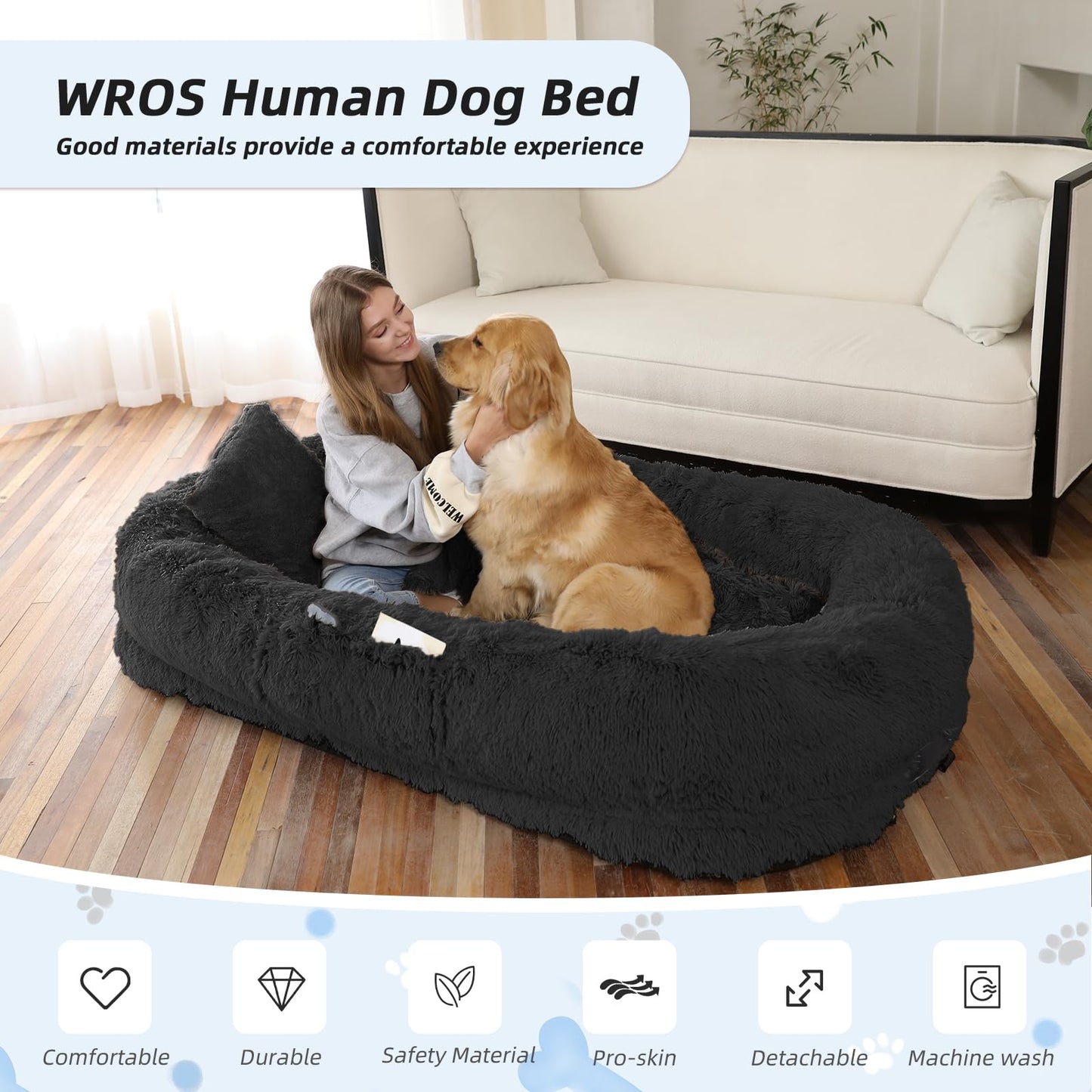 Human-Sized Faux Fur Pet Bed with Pillow Set
