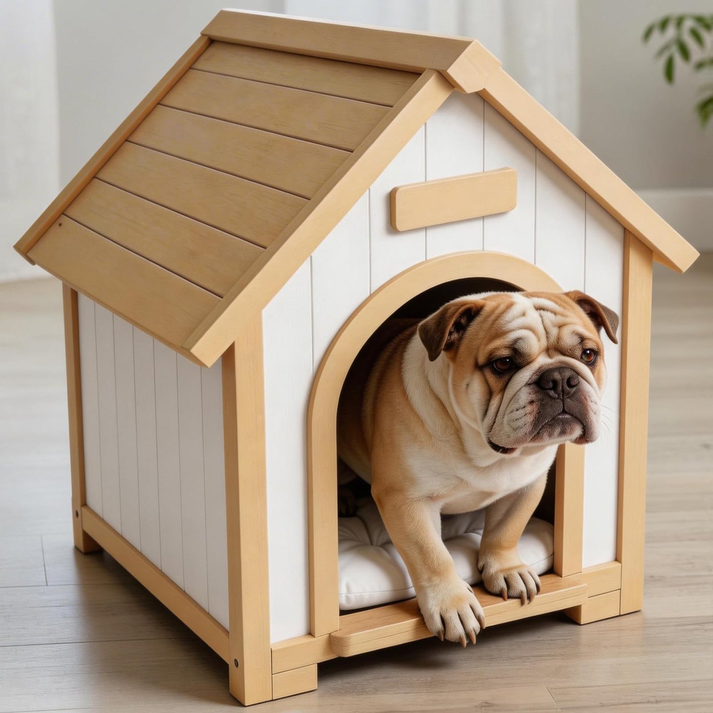 Solid Wood Indoor Pet House with Cushion Bed