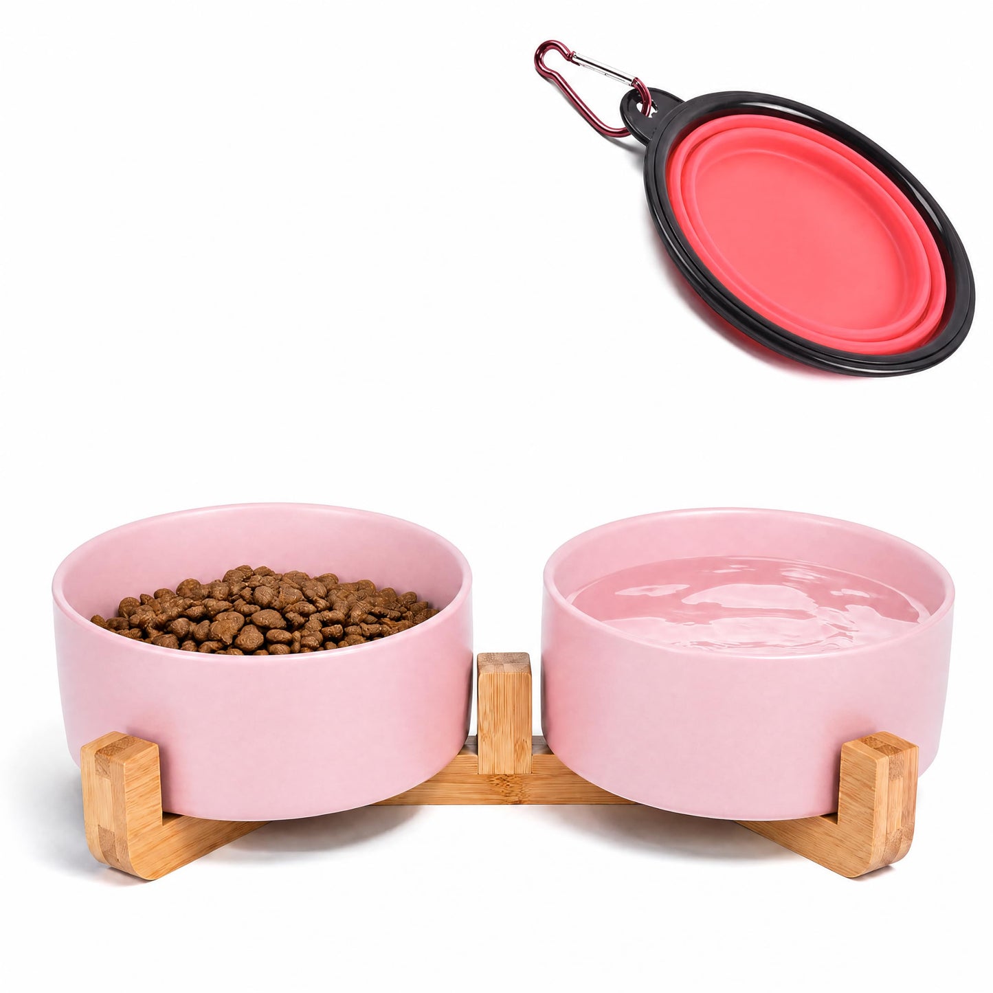Ceramic Pet Bowl Set with Wooden Stand