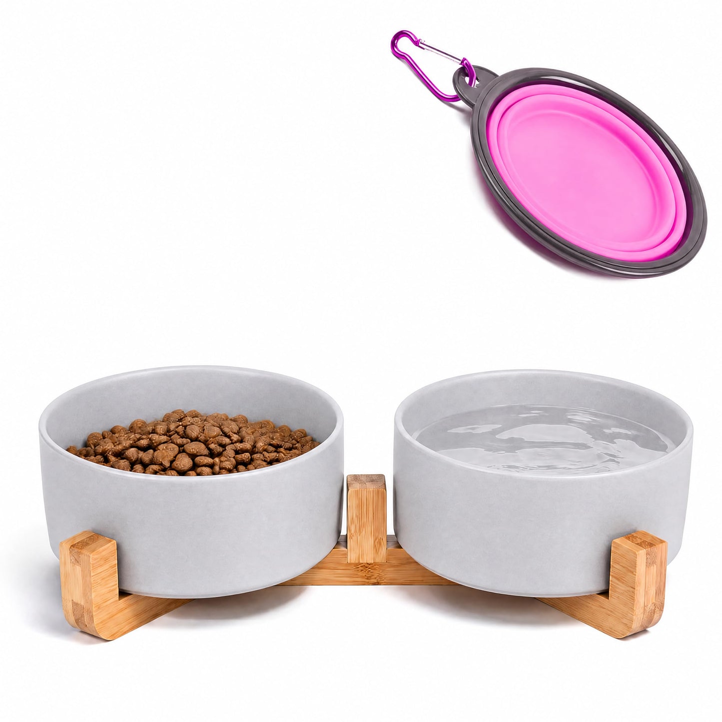 Ceramic Pet Bowl Set with Wooden Stand