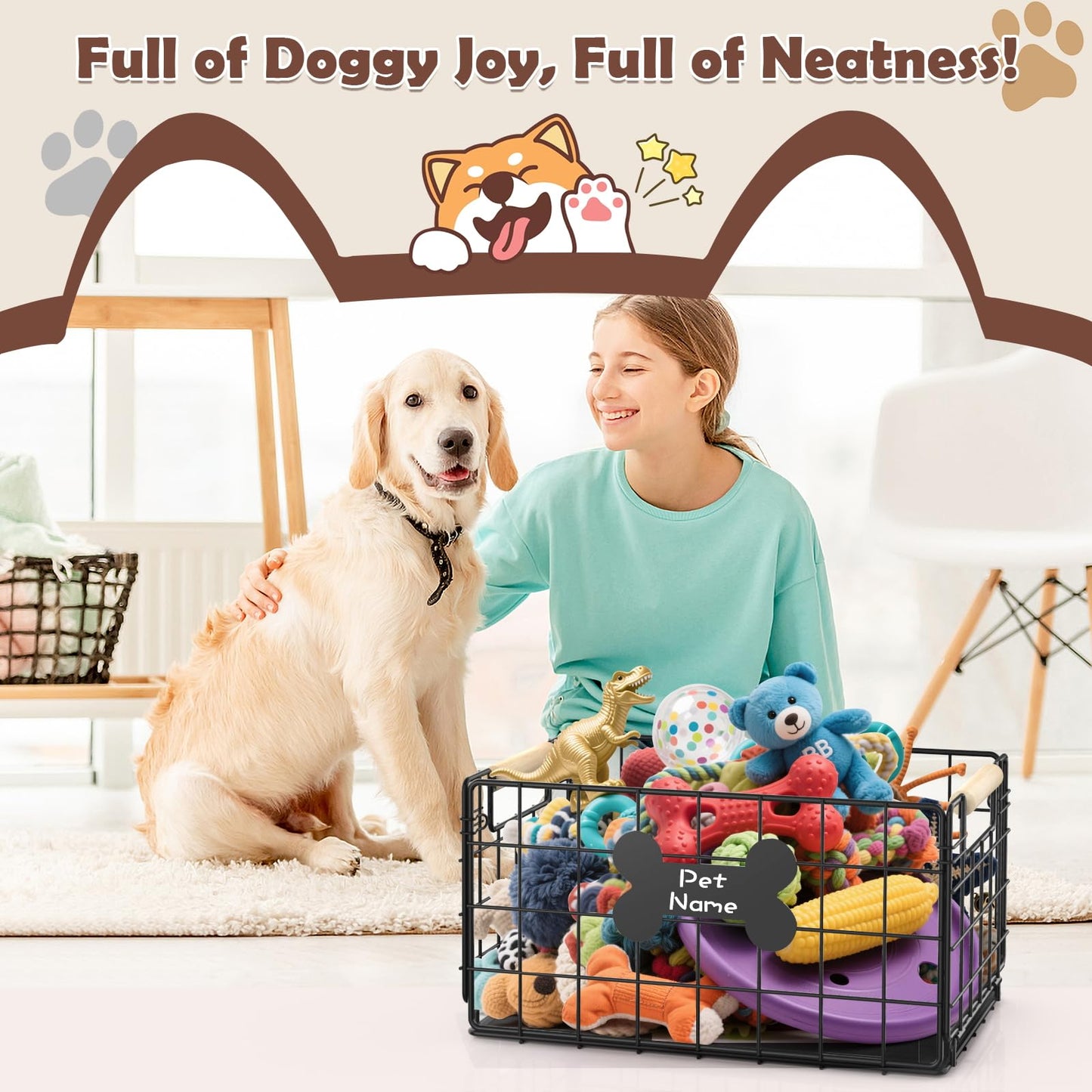 Chew-Proof Metal Dog Toy Basket with Handles
