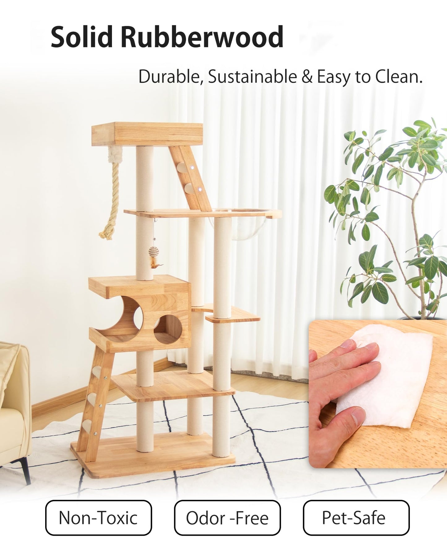 Multi-Level Wooden Cat Tower with Scratching Posts