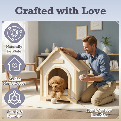 Solid Wood Indoor Pet House with Cushion Bed