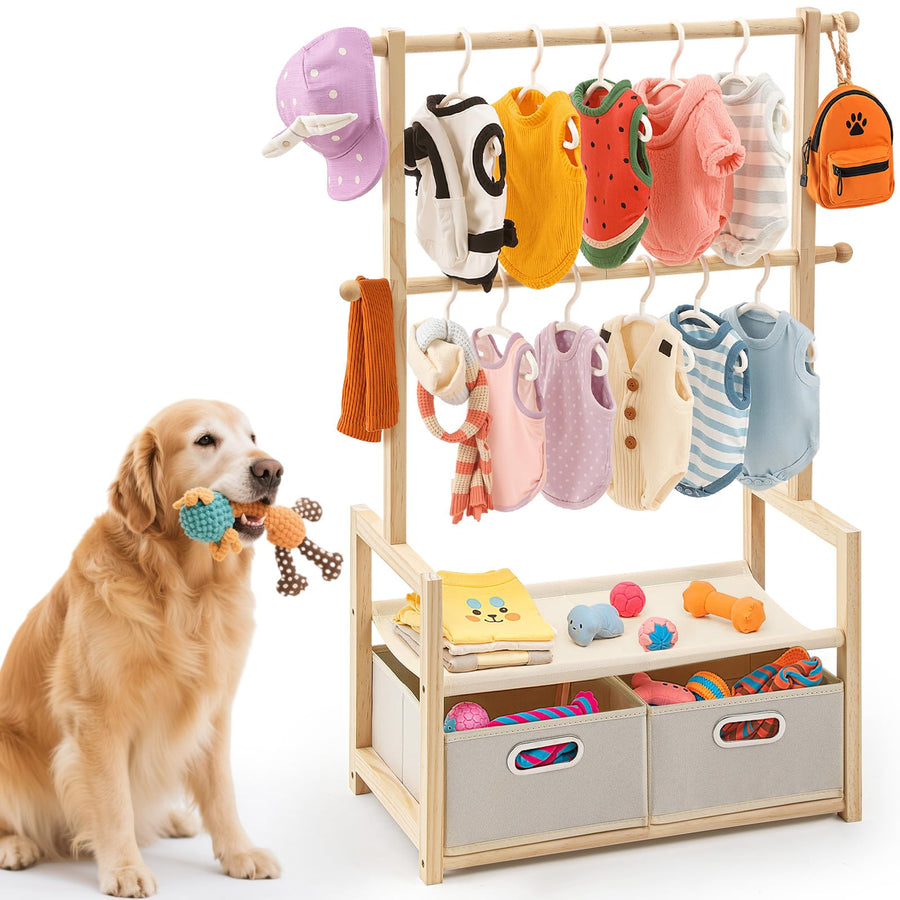 Wooden Pet Wardrobe with Hanging Rods & Storage