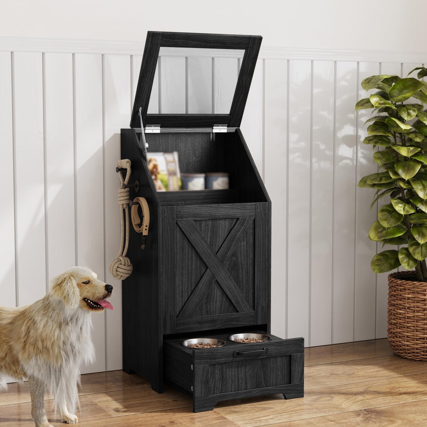 Pet Feeding Station with Elevated Bowls & Storage