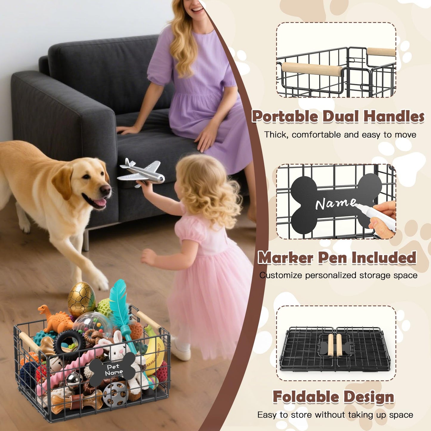 Chew-Proof Metal Dog Toy Basket with Handles