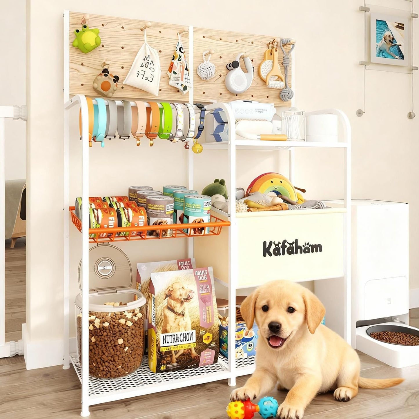 Dog Toy Storage Basket with Feeding Station