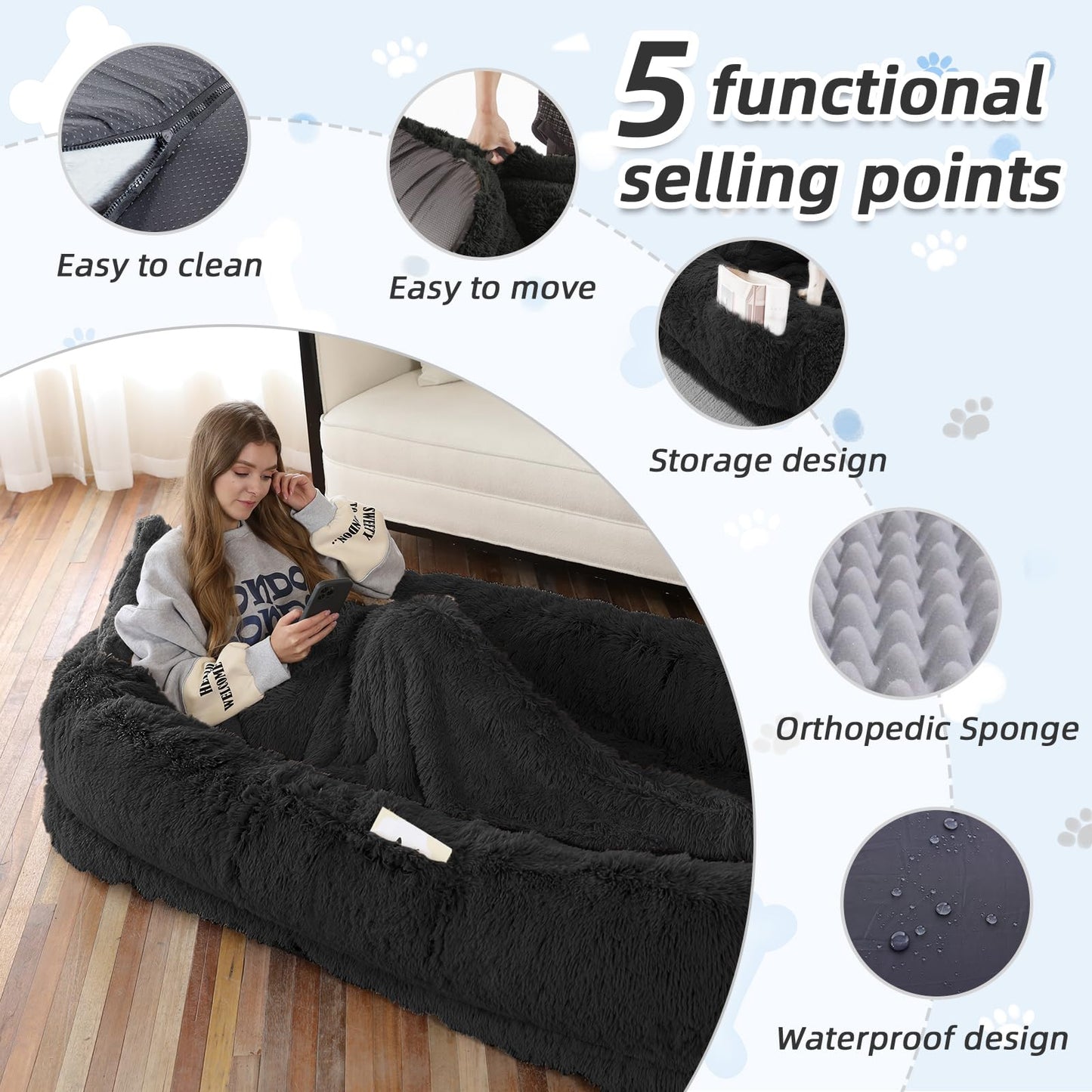 Human-Sized Faux Fur Pet Bed with Pillow Set