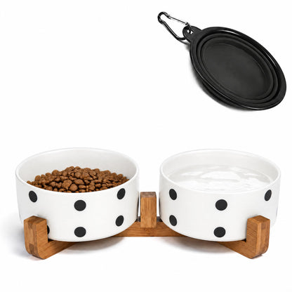 Ceramic Pet Bowl Set with Wooden Stand