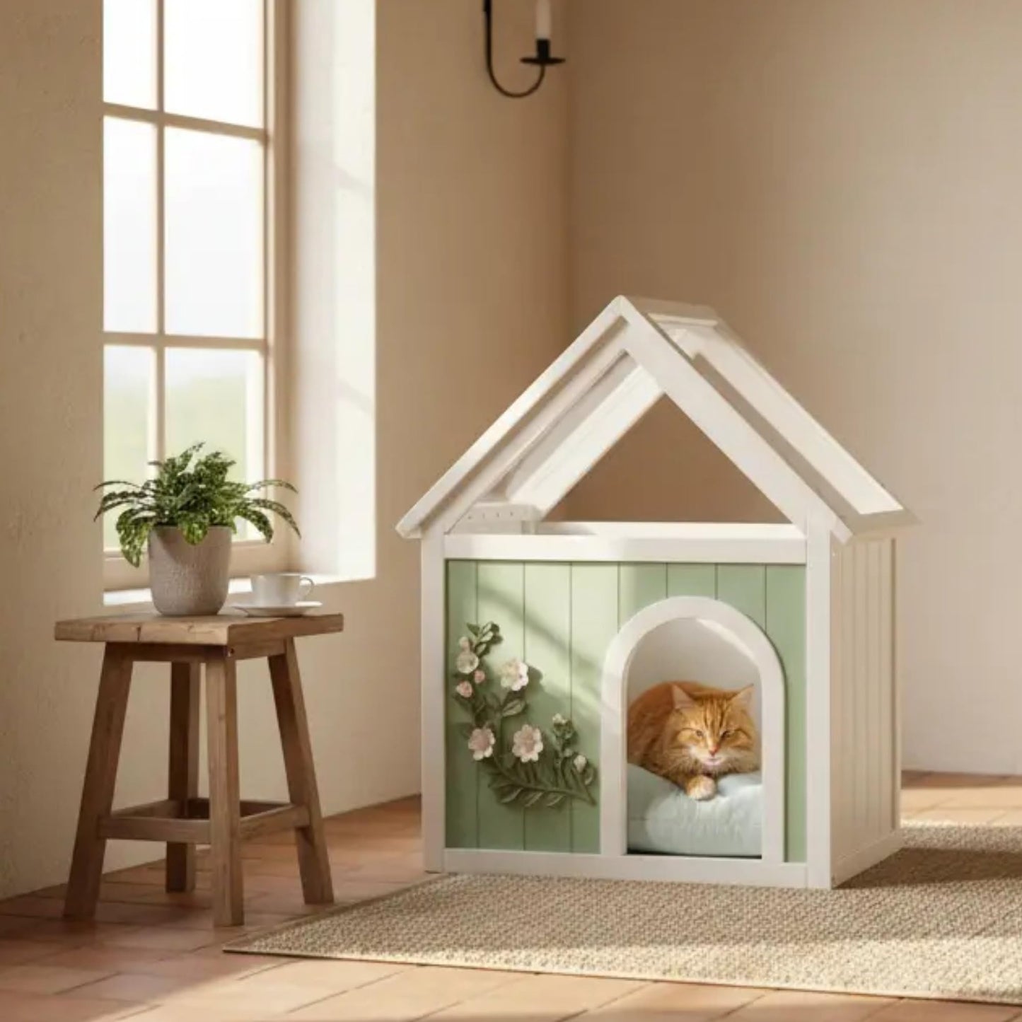 Solid Wood Indoor Pet House with Cushion Bed