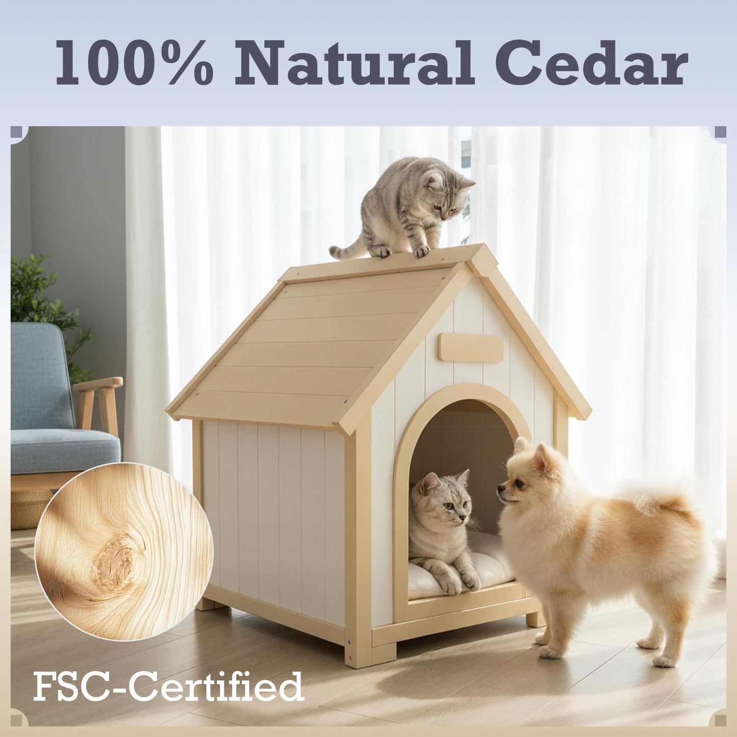 Solid Wood Indoor Pet House with Cushion Bed