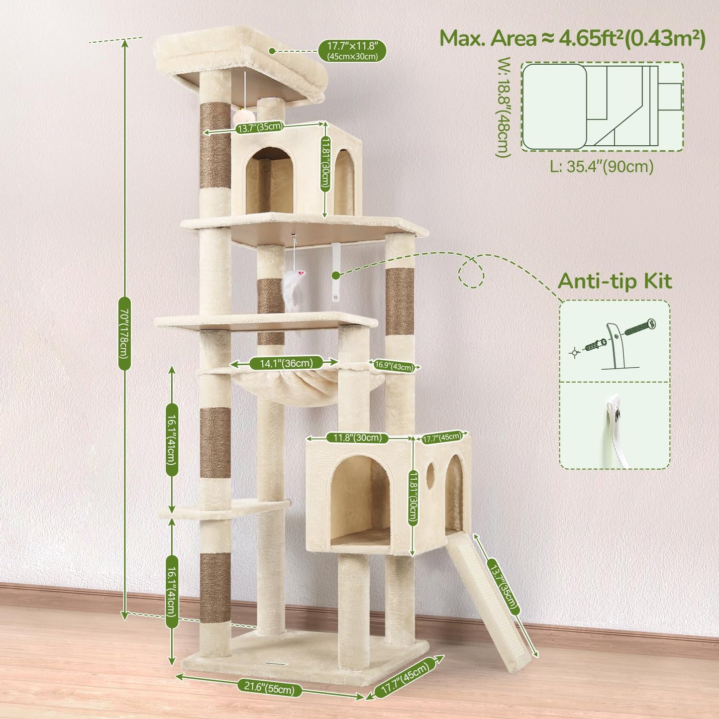70-Inch Heavy-Duty Cat Tree with Condo & Hammock