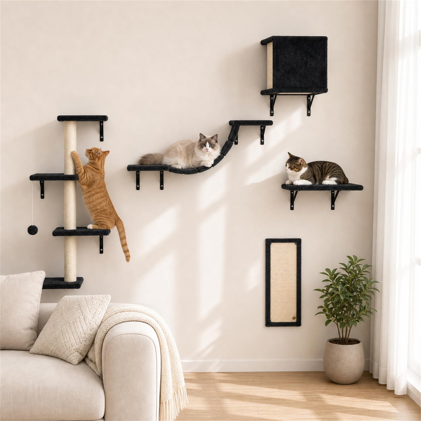 5-Piece Cat Wall Furniture Set with House & Bridge