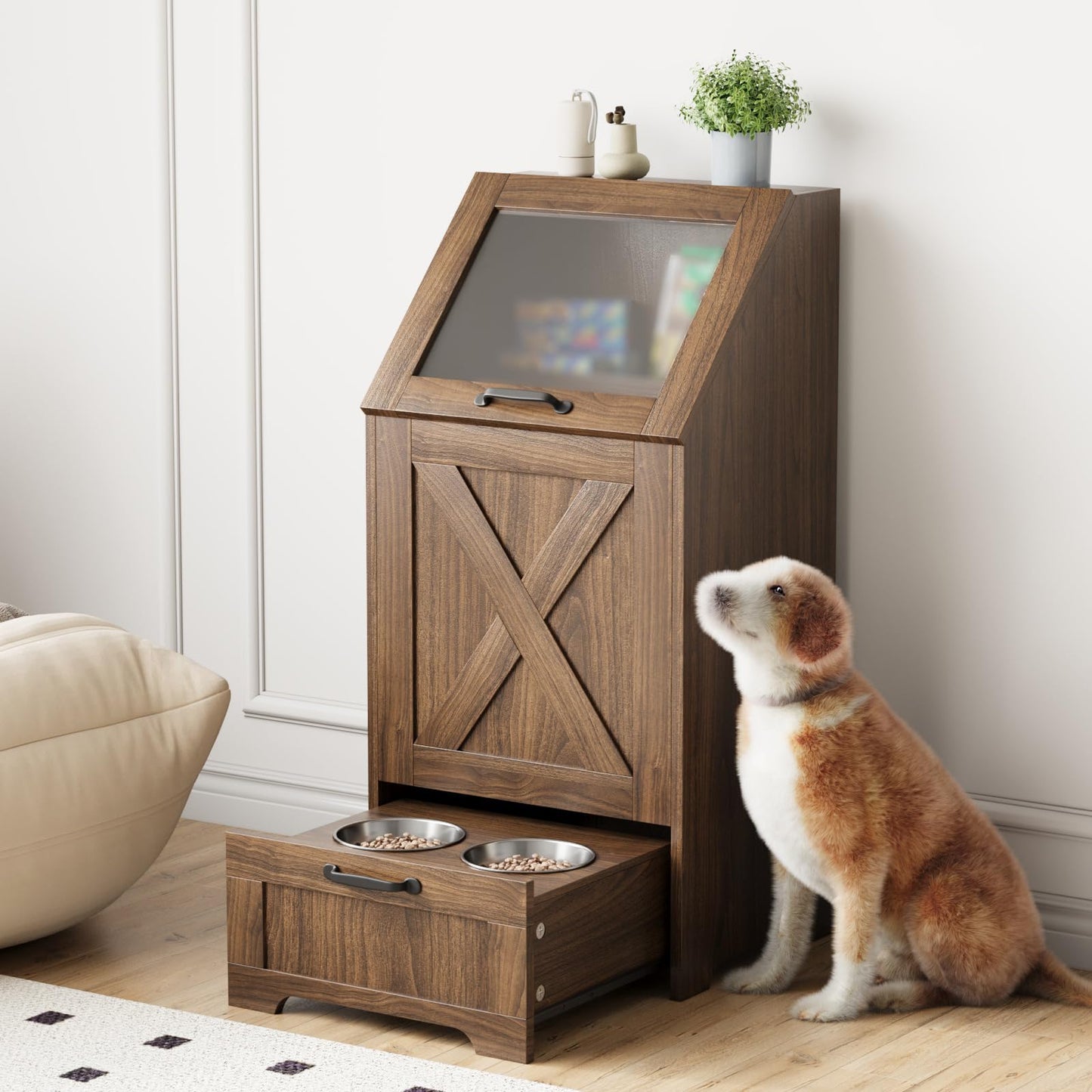 Pet Feeding Station with Elevated Bowls & Storage