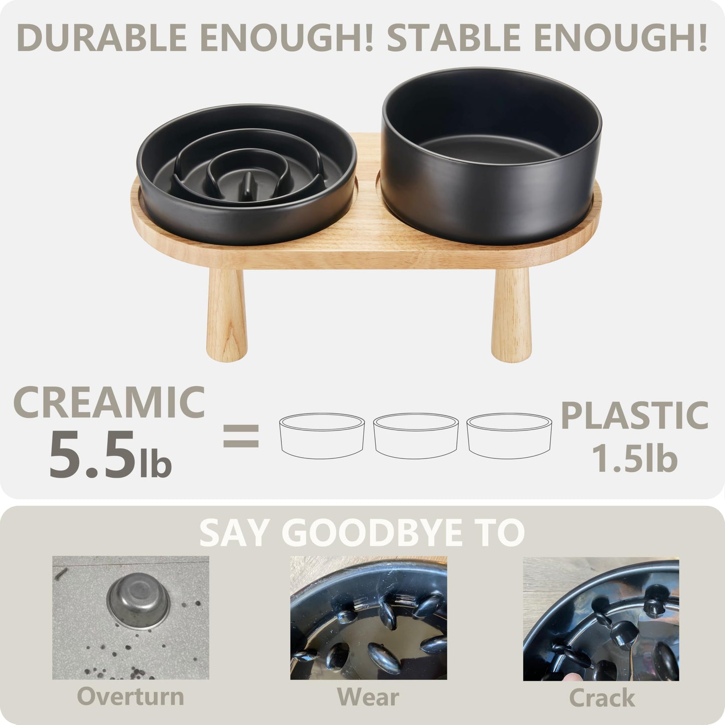 Ceramic Slow Feeder Bowl Set with Wooden Stand