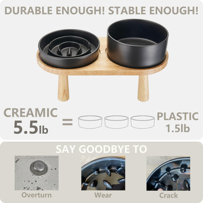 Ceramic Slow Feeder Bowl Set with Wooden Stand