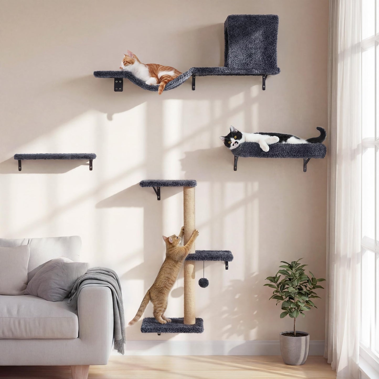 4-Piece Cat Wall Furniture Set with Scratching Post